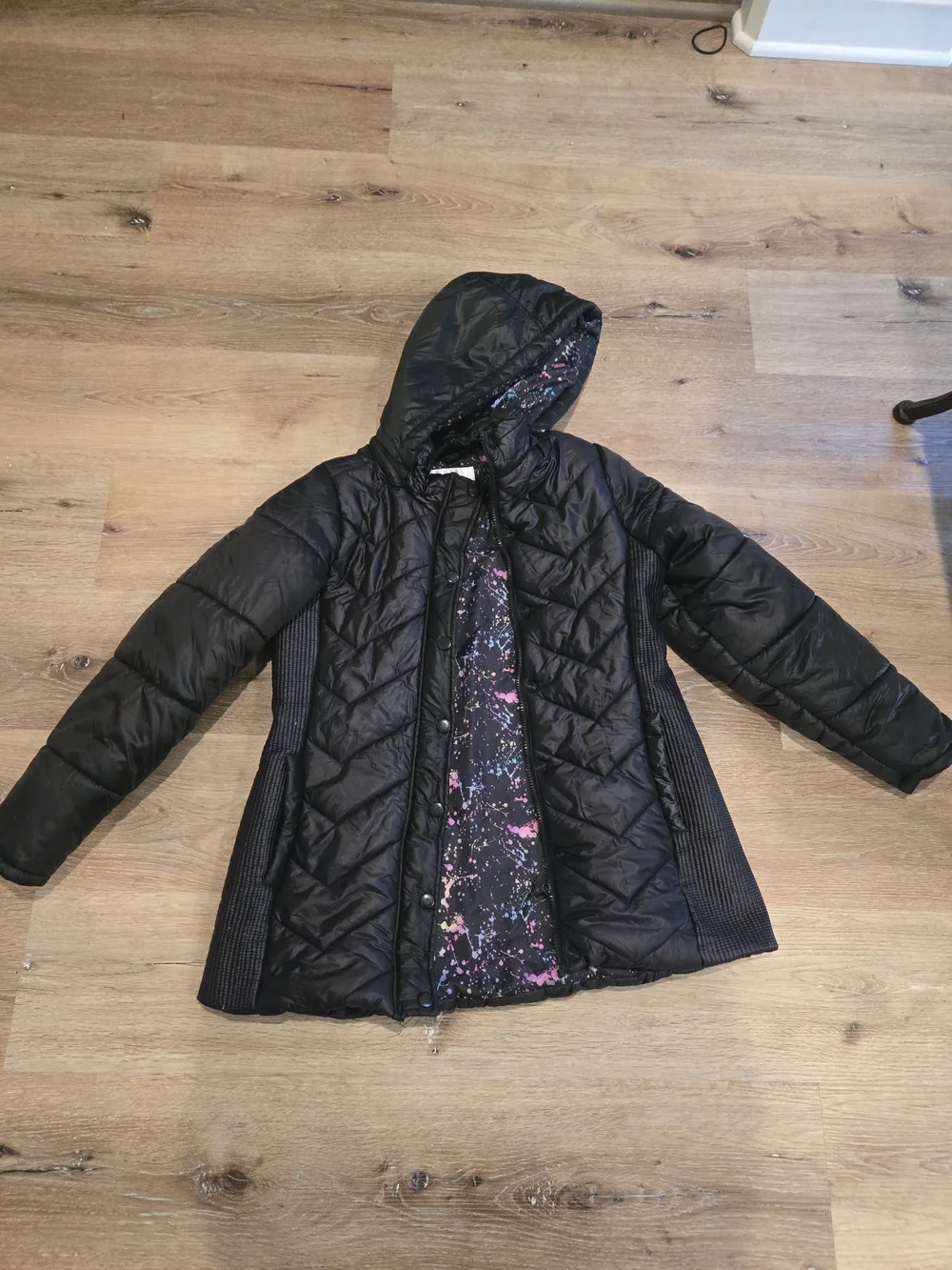Justice Black Jacket with Pink & Purple Splatter Lining